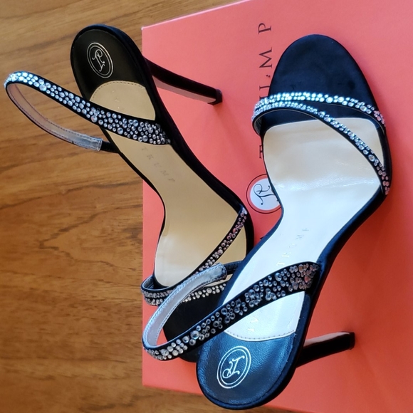 Black Satin Rhinestone Heeled Sandals - Picture 5 of 9